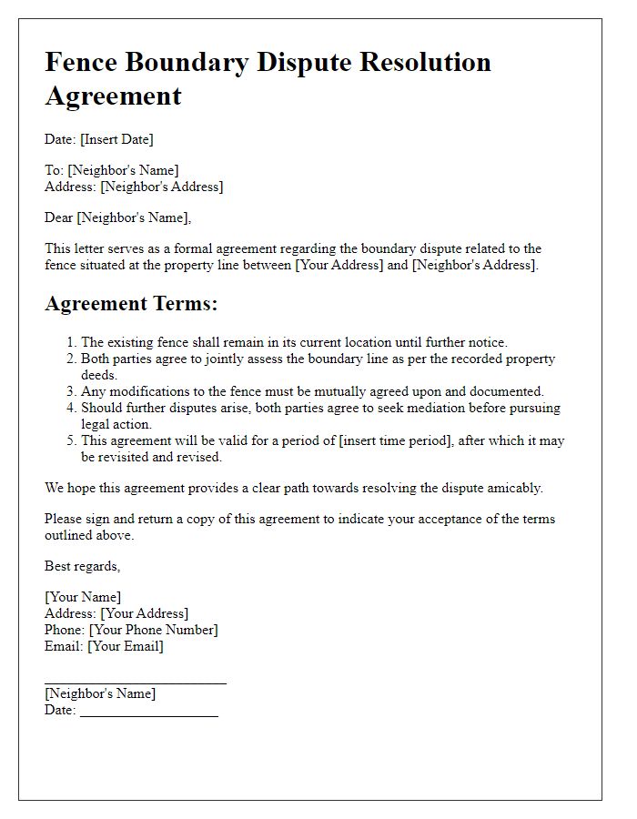 Letter template of agreement for fence boundary dispute resolution