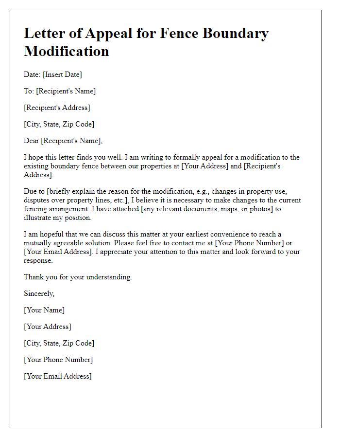 Letter template of appeal for fence boundary modification