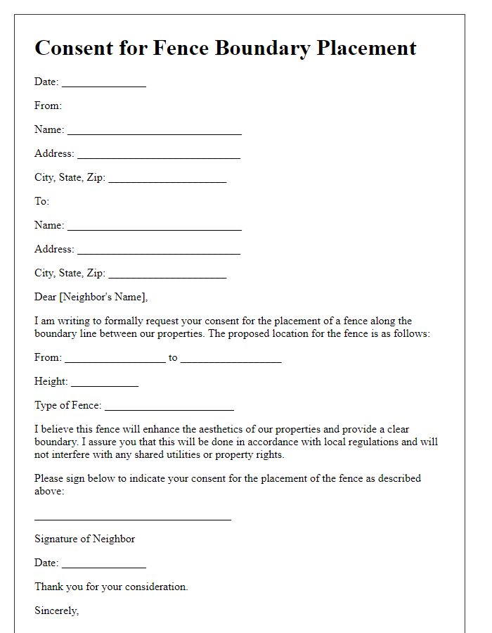 Letter template of consent for fence boundary placement