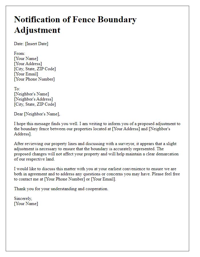 Letter template of notification for fence boundary adjustment