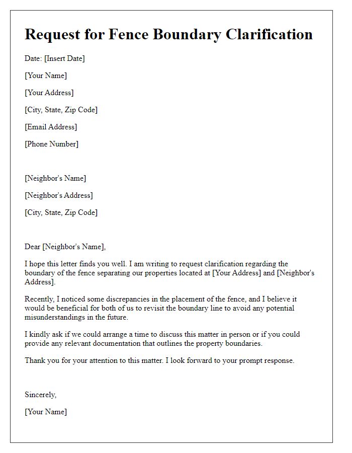 Letter template of request for fence boundary clarification