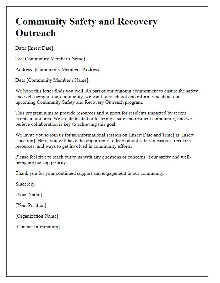 Letter template of community safety and recovery outreach