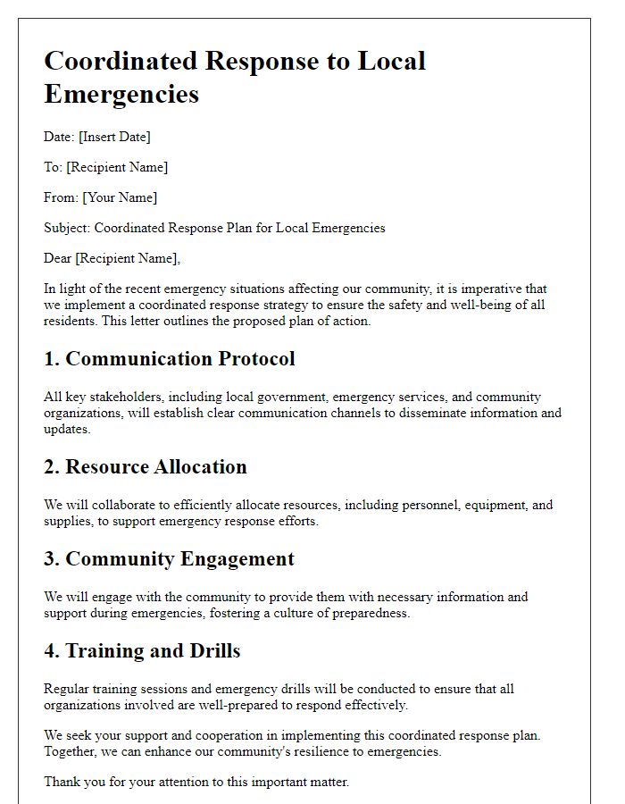 Letter template of coordinated response to local emergencies