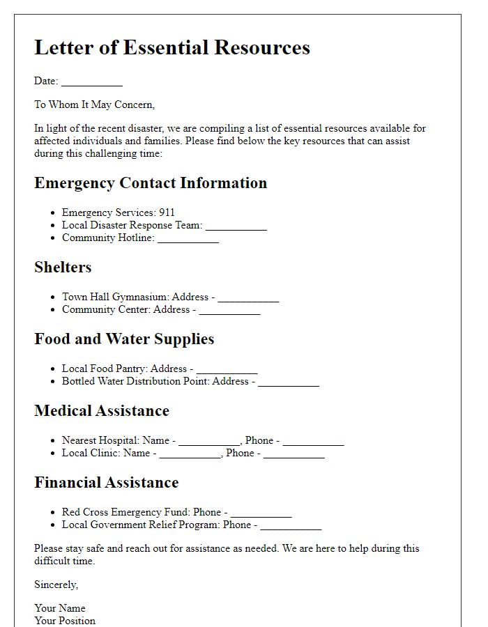 Letter template of essential resources during a disaster