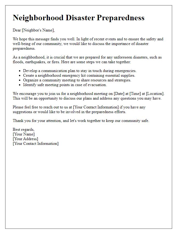 Letter template of neighborhood disaster preparedness communication