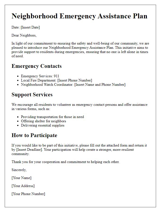 Letter template of neighborhood emergency assistance plan