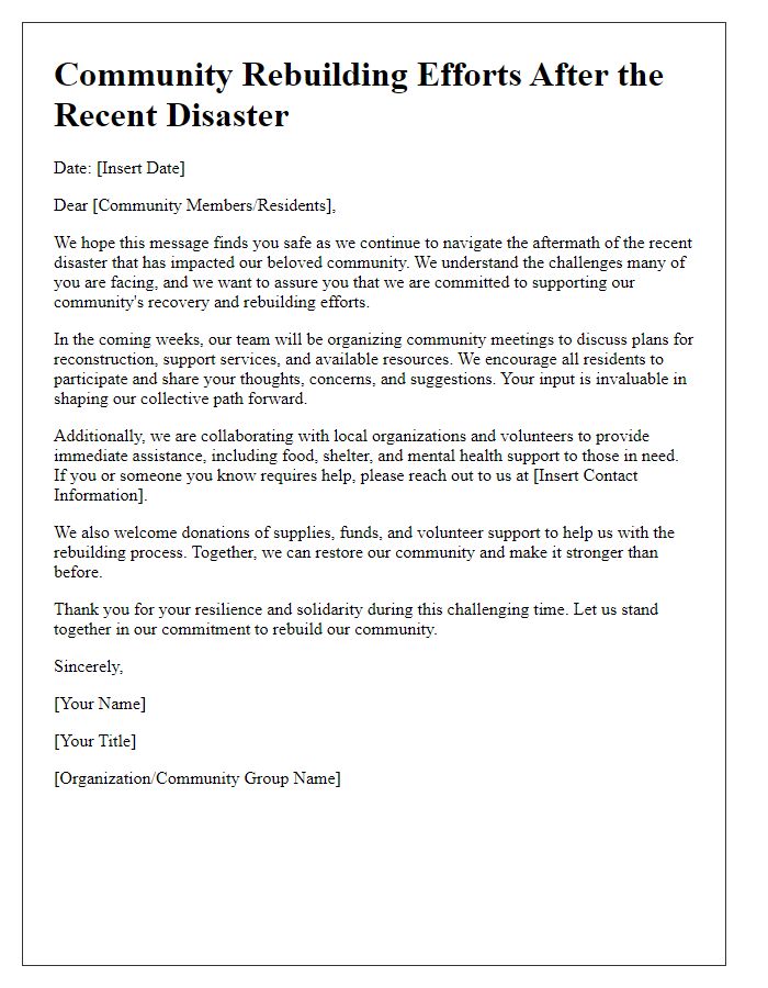 Letter template of post-disaster community rebuilding efforts