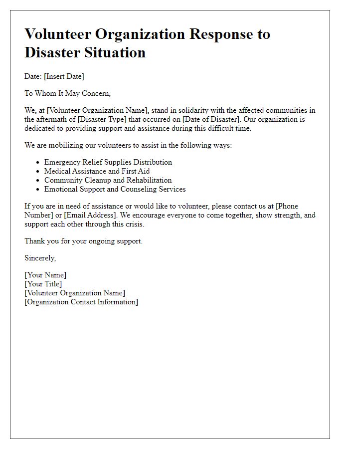 Letter template of volunteer organization in disaster situations