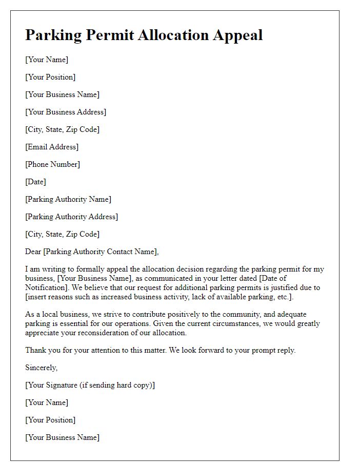 Letter template of parking permit allocation appeal for businesses.