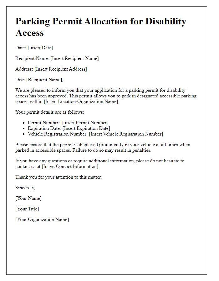 Letter template of parking permit allocation for disability access.