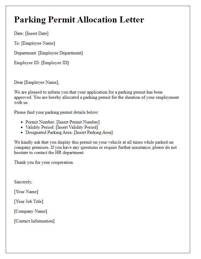 Letter template of parking permit allocation for employees.