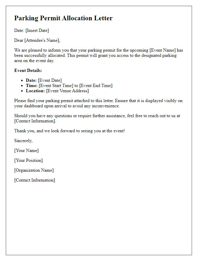 Letter template of parking permit allocation for event attendees.