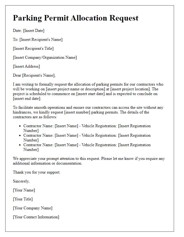 Letter template of parking permit allocation request for contractors.