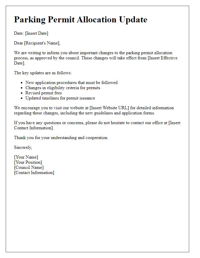 Letter template of parking permit allocation update for council changes.