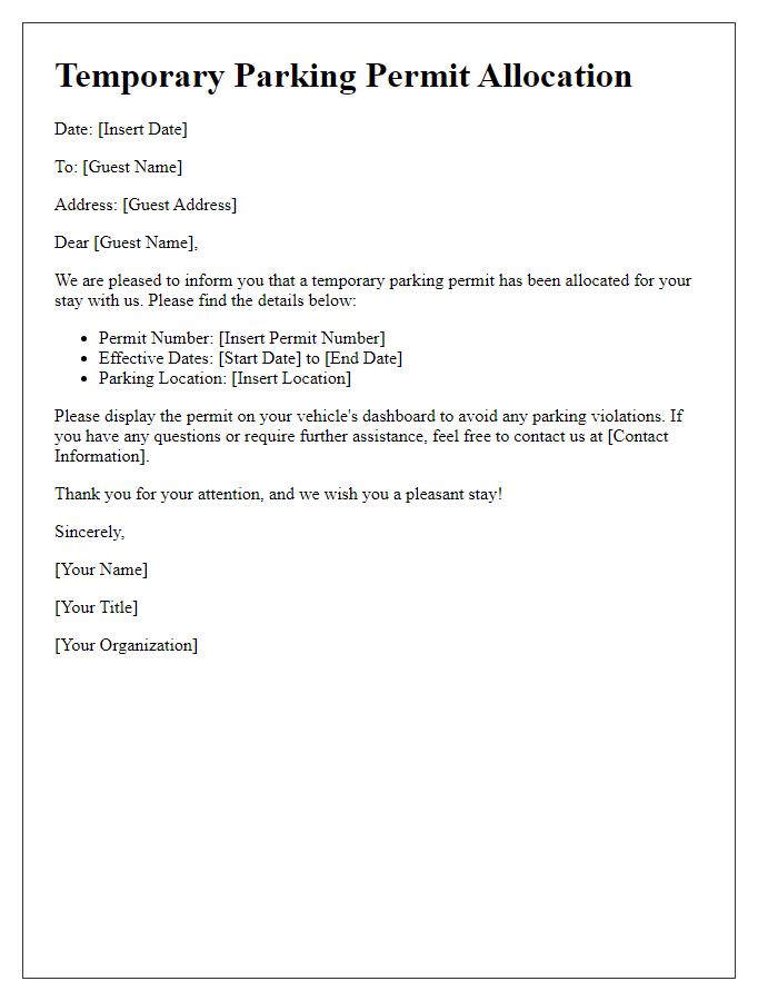 Letter template of temporary parking permit allocation for guests.