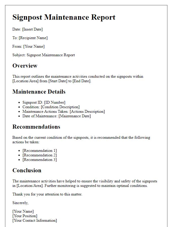 Letter template of signpost maintenance report