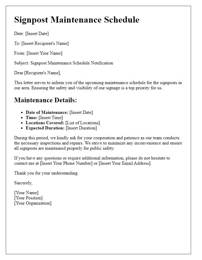 Letter template of signpost maintenance schedule