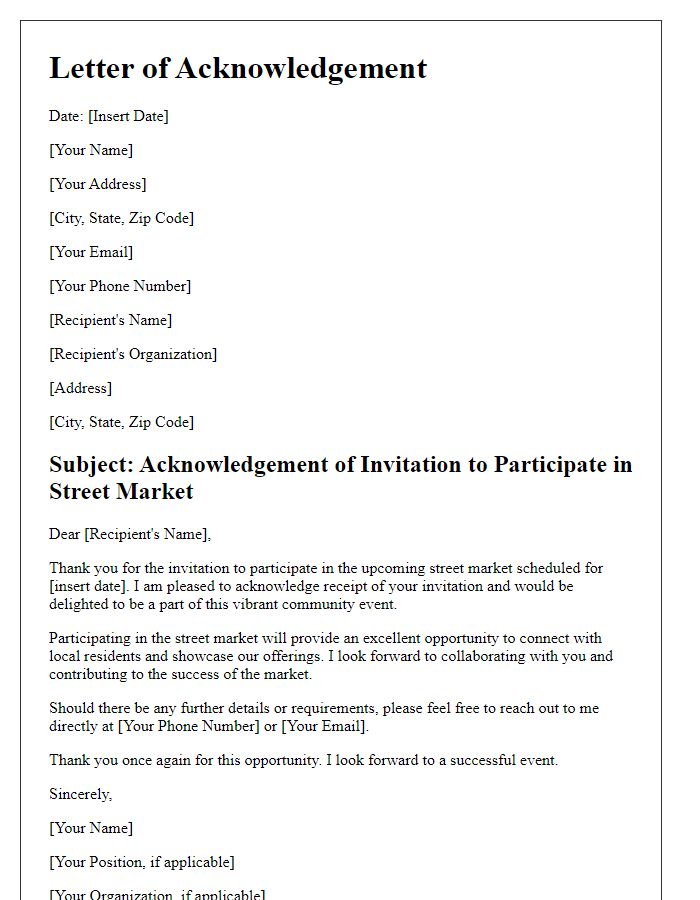 Letter template of acknowledgement for street market participation invitation