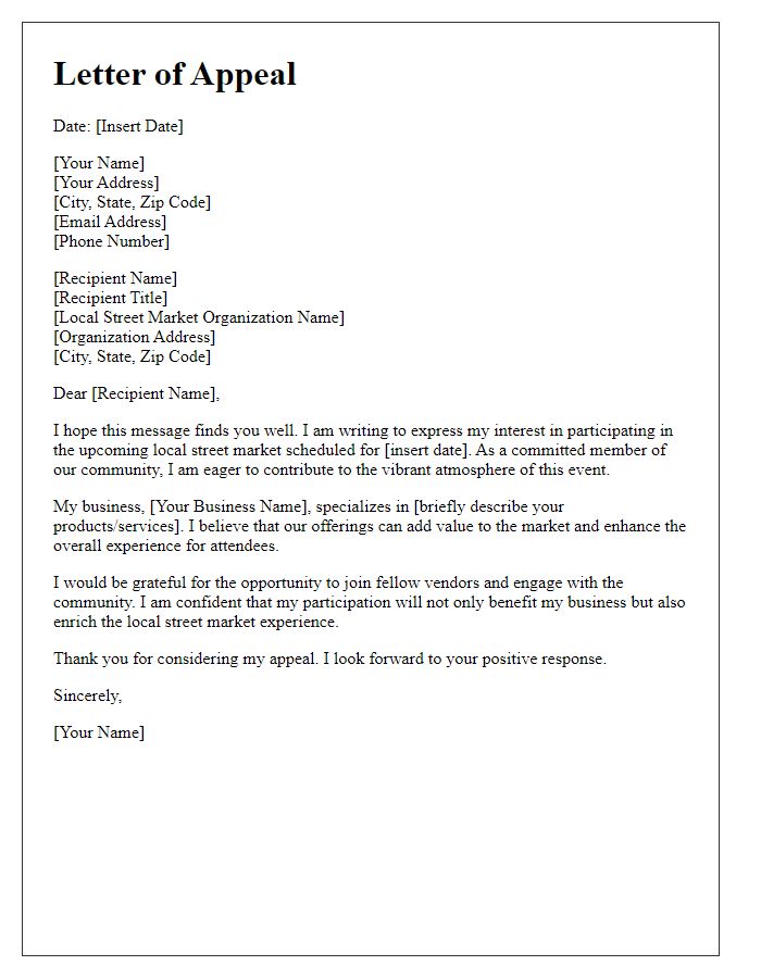 Letter template of appeal for participation in local street market