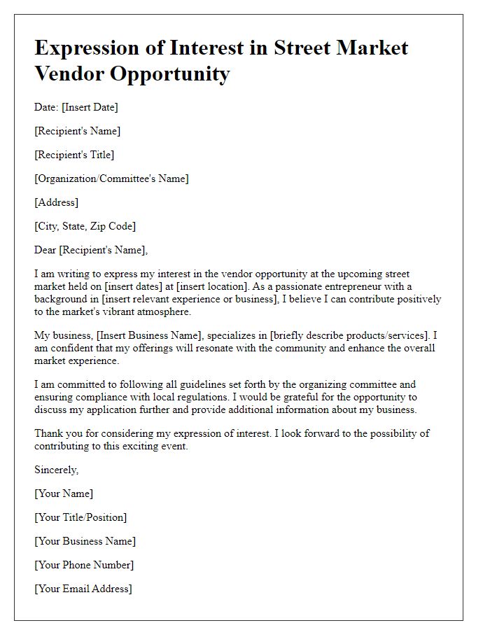 Letter template of expression of interest in street market vendor opportunity