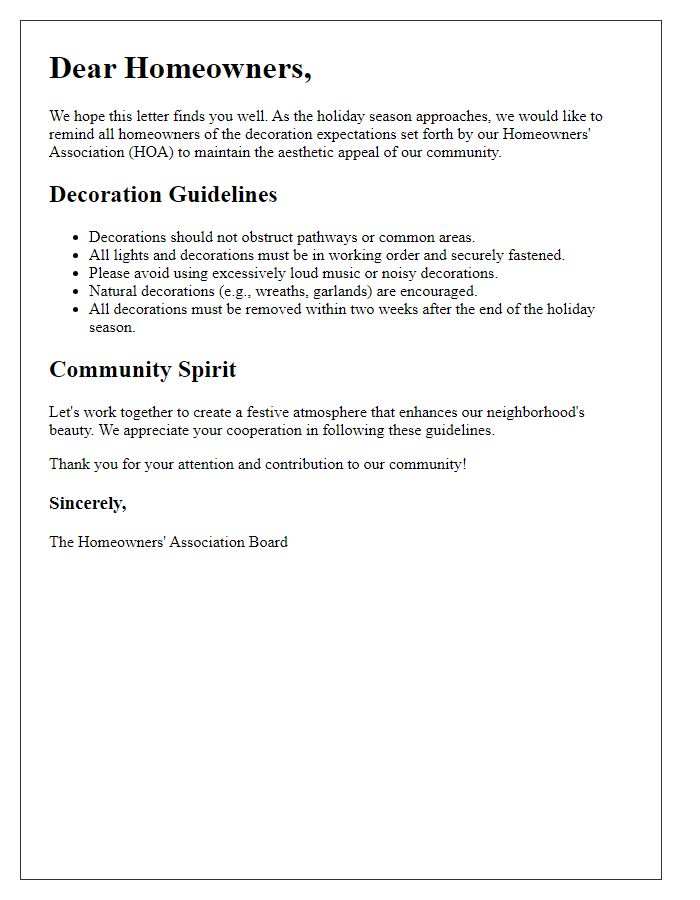 Letter template of community decoration expectations for homeowners' associations