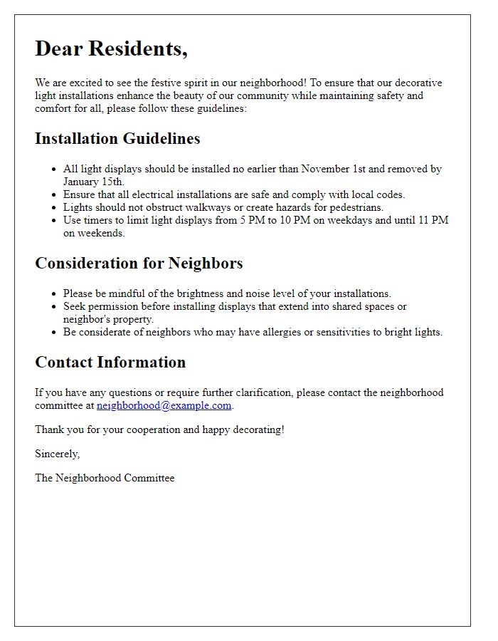 Letter template of decorative light installation rules for neighborhoods