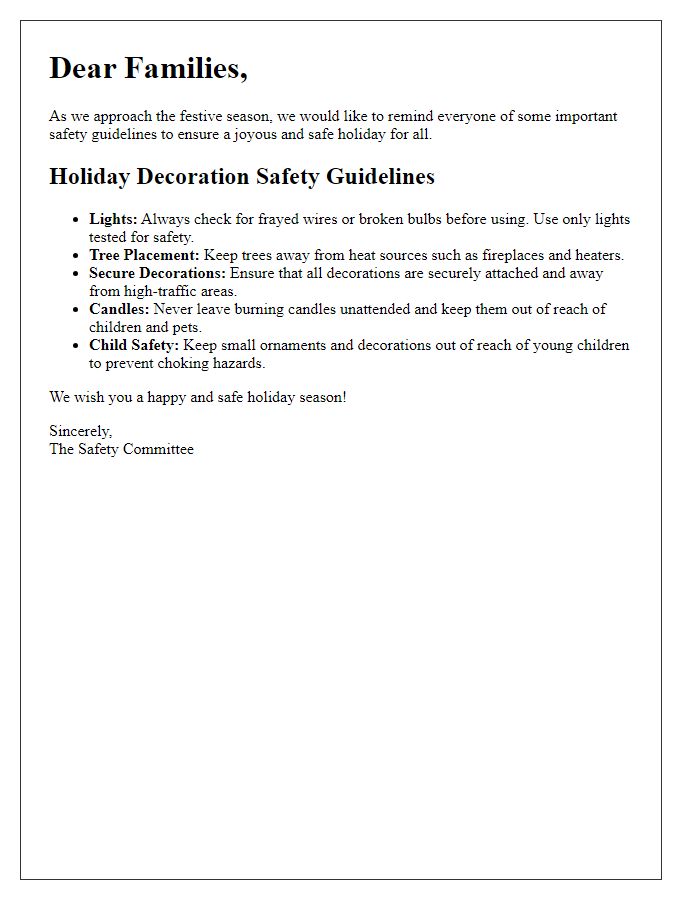 Letter template of holiday decoration safety guidelines for families