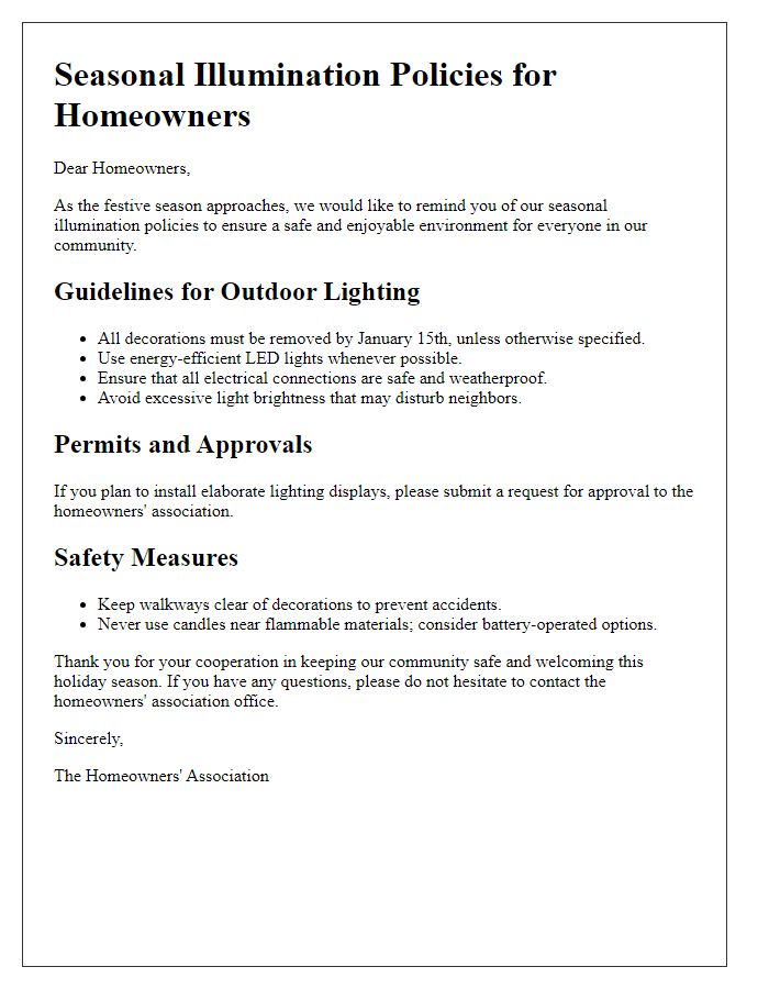 Letter template of seasonal illumination policies for homeowners