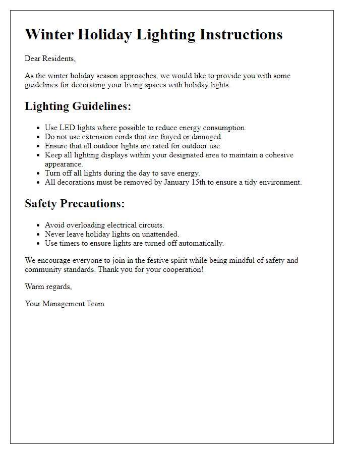 Letter template of winter holiday lighting instructions for tenants