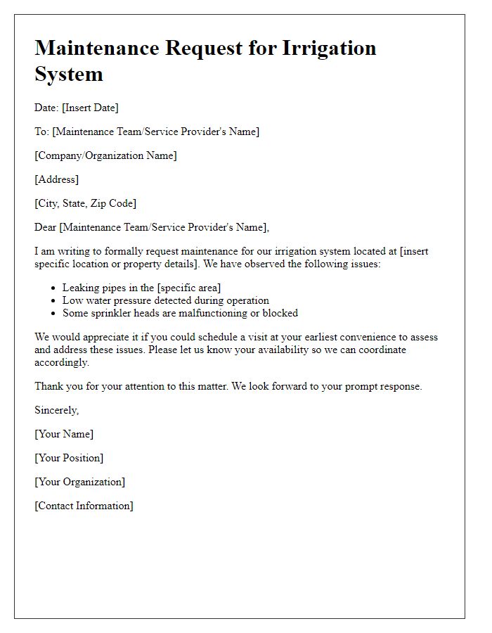 Letter template of irrigation system maintenance request