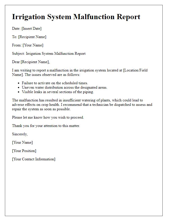 Letter template of irrigation system malfunction report