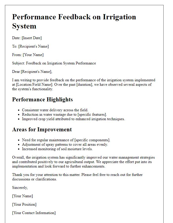 Letter template of irrigation system performance feedback