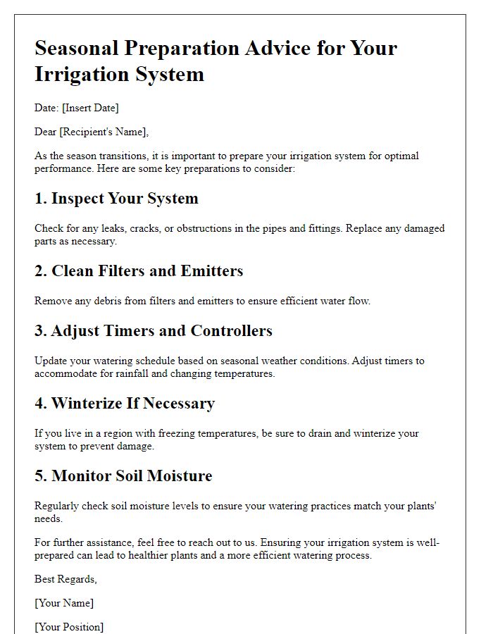 Letter template of irrigation system seasonal preparation advice