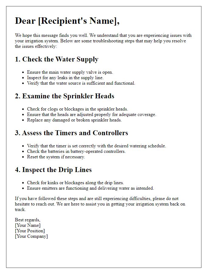 Letter template of irrigation system troubleshooting guidance