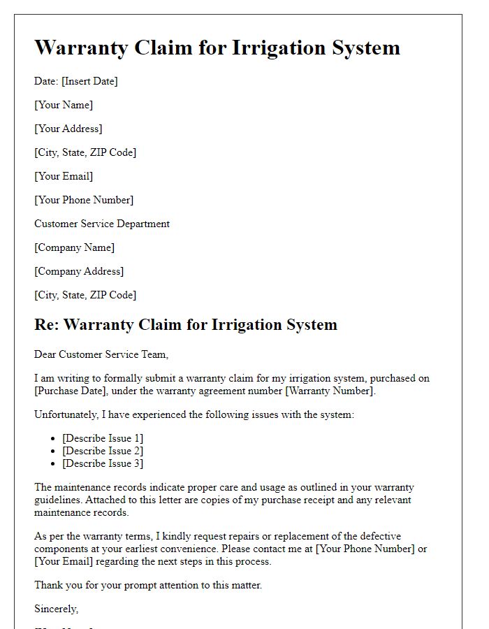 Letter template of irrigation system warranty claim