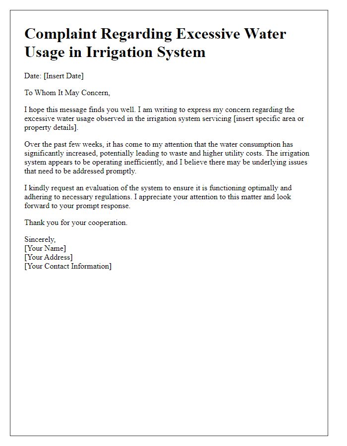 Letter template of irrigation system water usage complaint