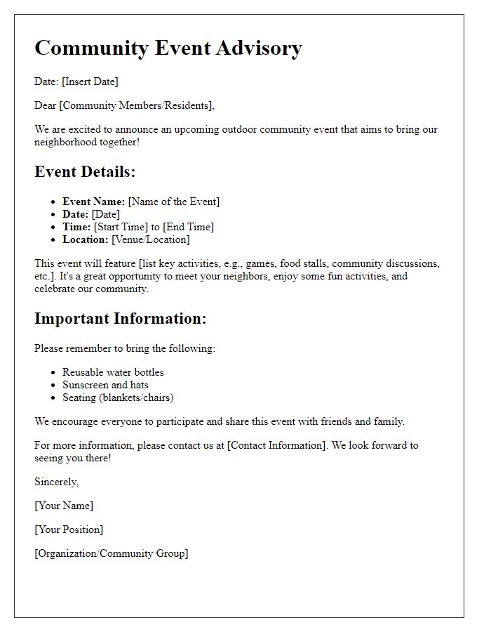 Letter template of outdoor community event advisories.