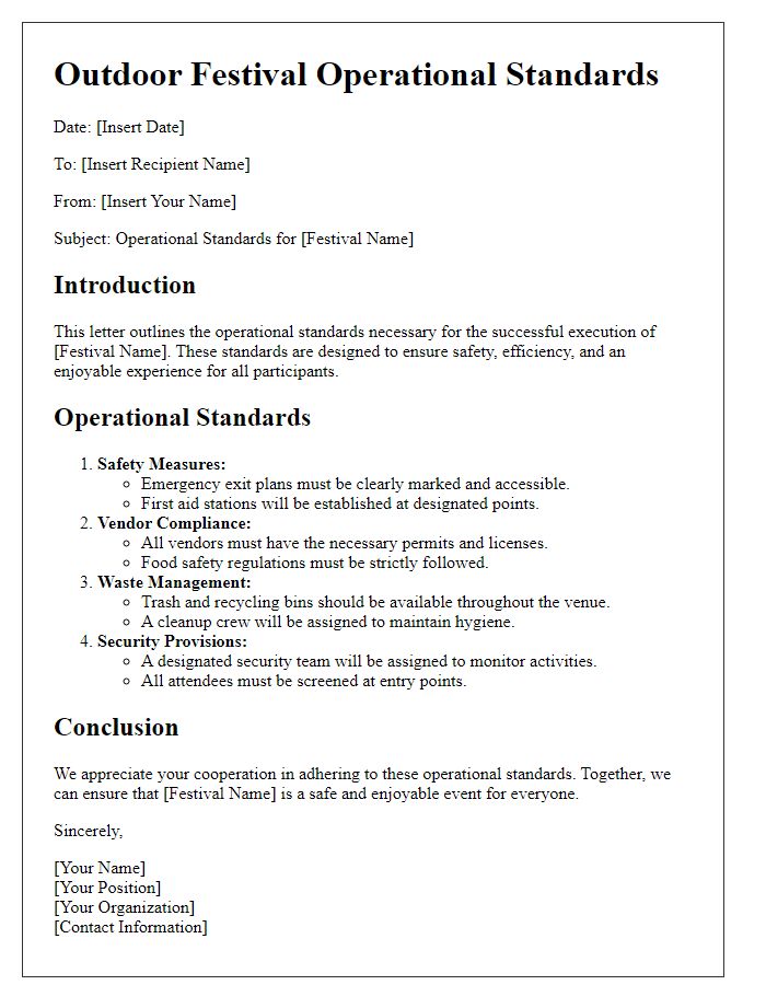 Letter template of outdoor festival operational standards.