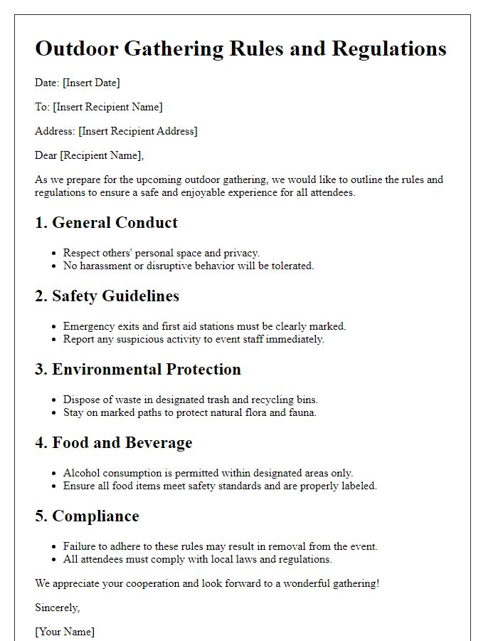 Letter template of outdoor gathering rules and regulations.