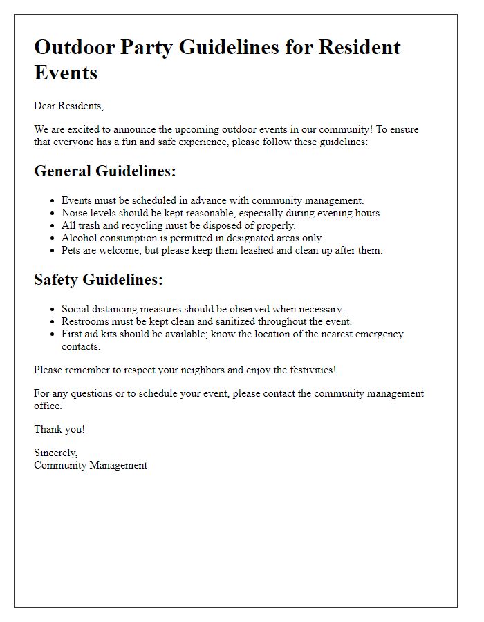 Letter template of outdoor party guidelines for resident events.