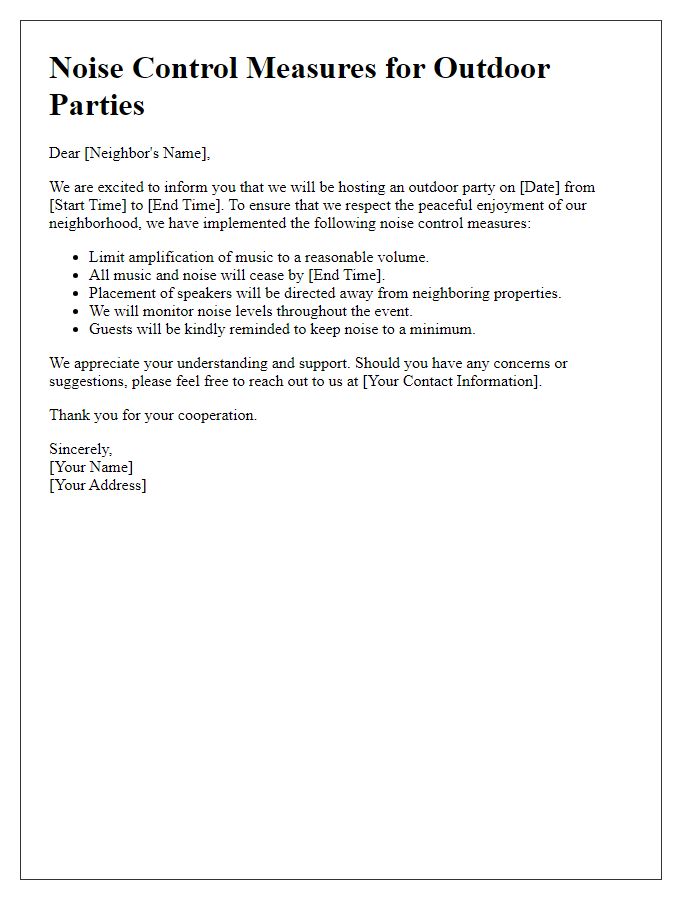 Letter template of outdoor party noise control measures.