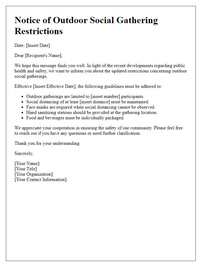 Letter template of outdoor social gathering restrictions.