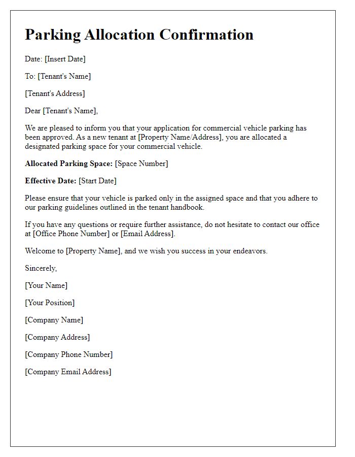 Letter template of commercial vehicle parking allocation for new tenants.