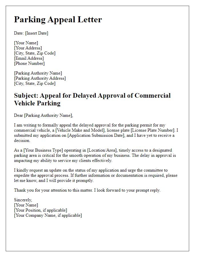 Letter template of commercial vehicle parking appeal for delayed approval.