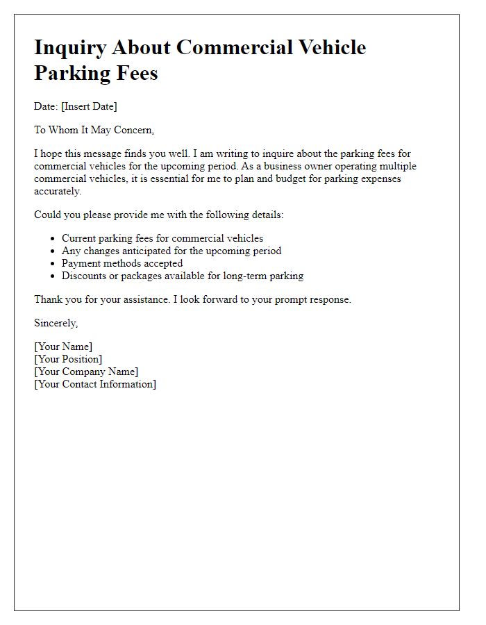 Letter template of commercial vehicle parking fees inquiry for the upcoming period.