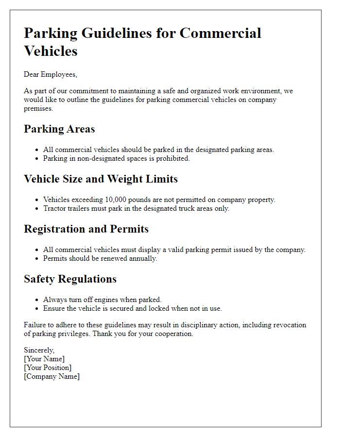 Letter template of commercial vehicle parking guidelines for employees.