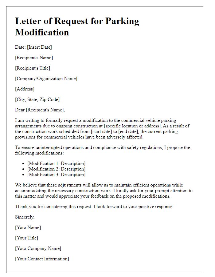 Letter template of commercial vehicle parking modification request due to construction.