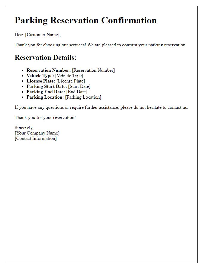 Letter template of commercial vehicle parking reservation confirmation.