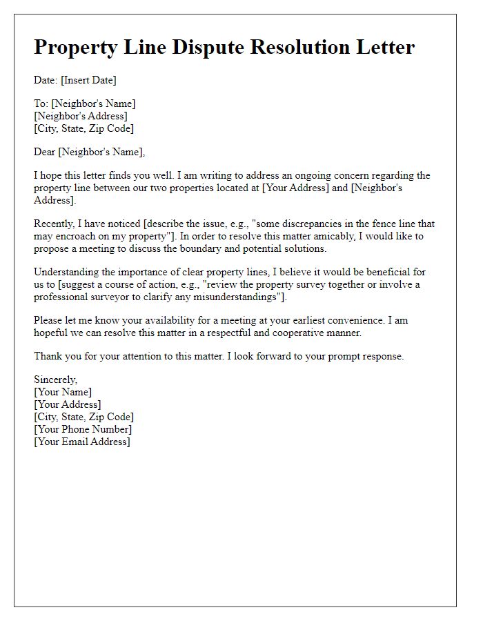 Letter template of property line dispute resolution.