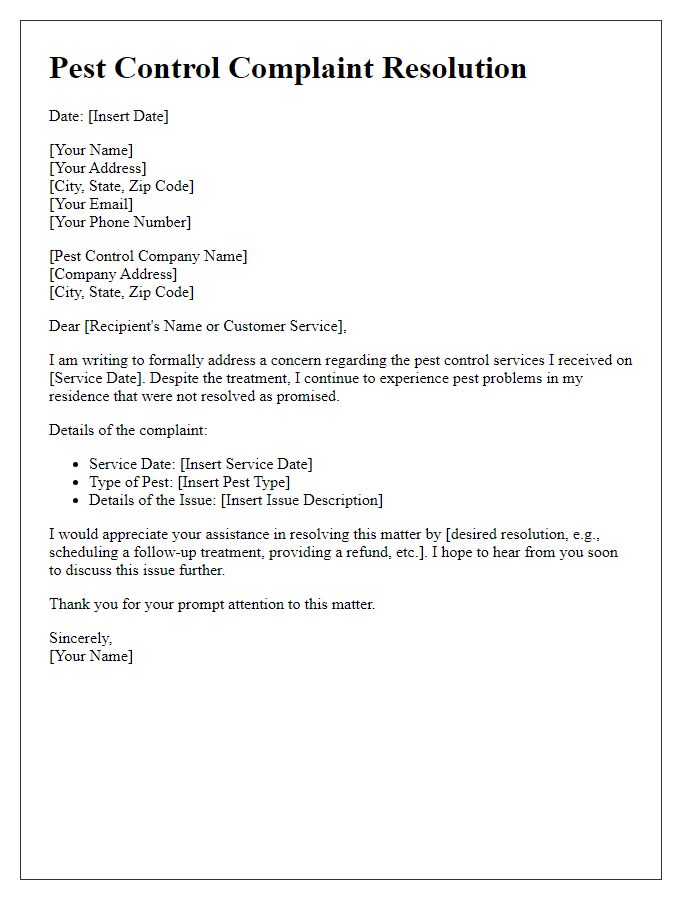 Letter template of pest control complaint resolution.